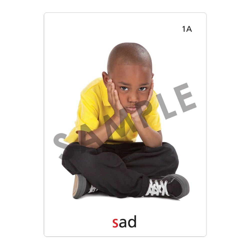 An articulation and language learning resource flashcard with a photo of a boy looking sad on it