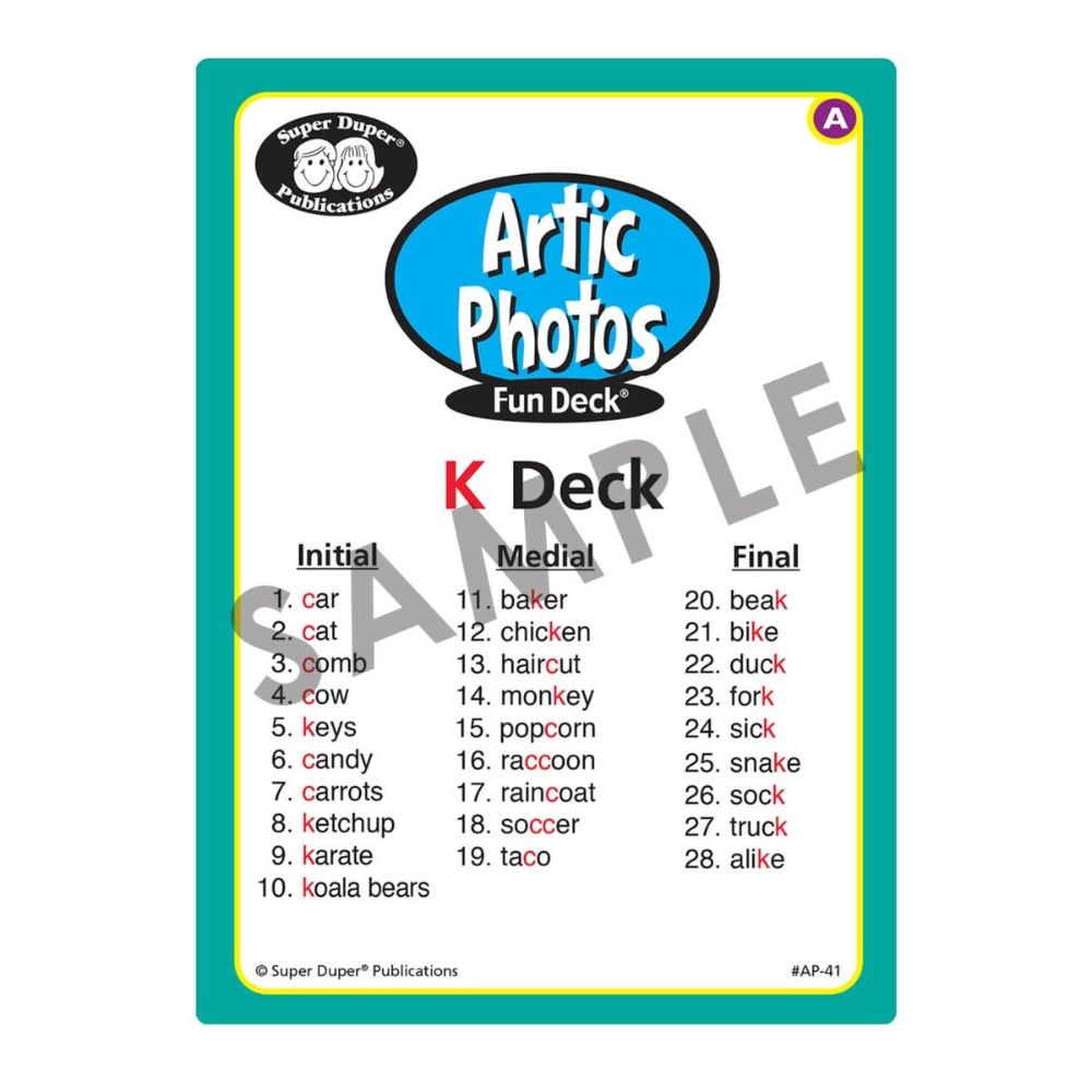 Artic Photos Fun Decks: Set 1 Combo, "K" Deck Initial, Medial, and Final placement guide