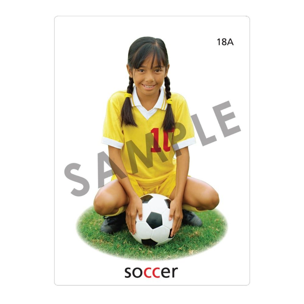 An articulation and language learning resource flashcard with a photo of a girl with soccer ball on it