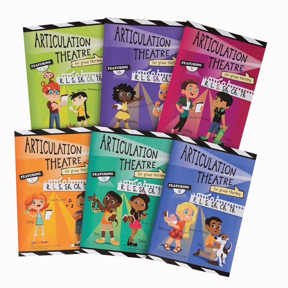 Set of six books titled 'Articulation Theatre' with colorful covers and character illustrations.