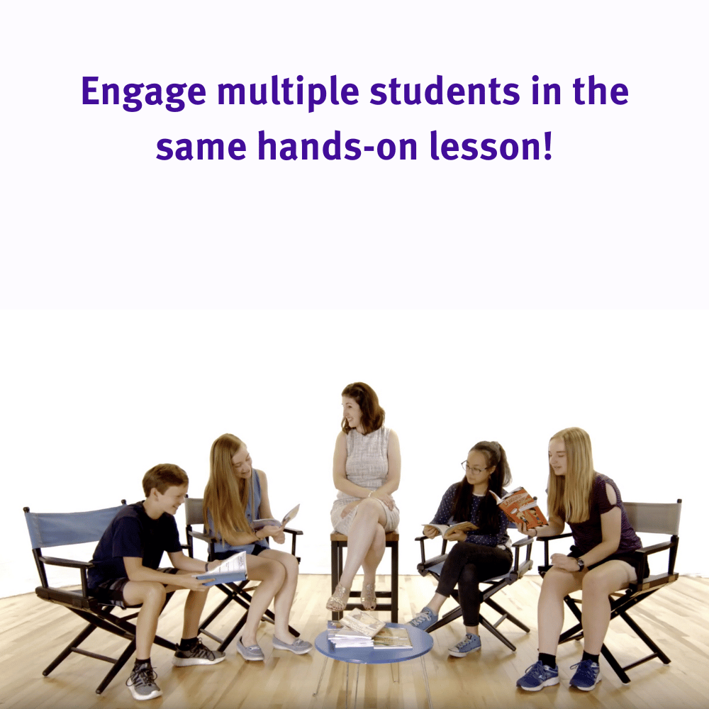 Group of students sitting on director's chairs in a circle with text overlay.
