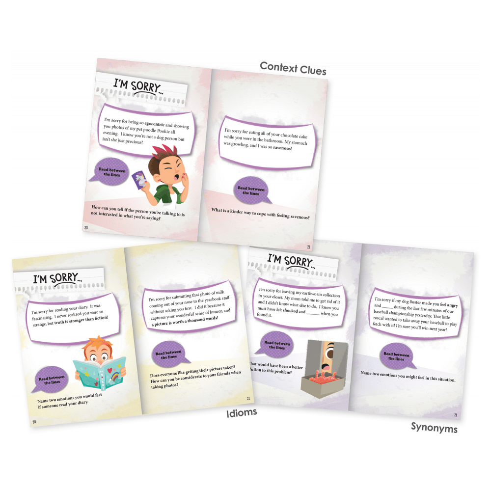 Educational booklets on context clues, idioms, and synonyms with colorful illustrations.