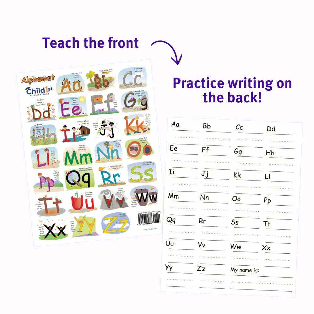 Alphamat worksheet, teach the front and practice writing on the back