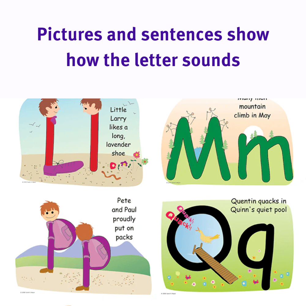 Alphamat worksheets helps children learn the alphabet through pictures and sentences that show how the letter sounds