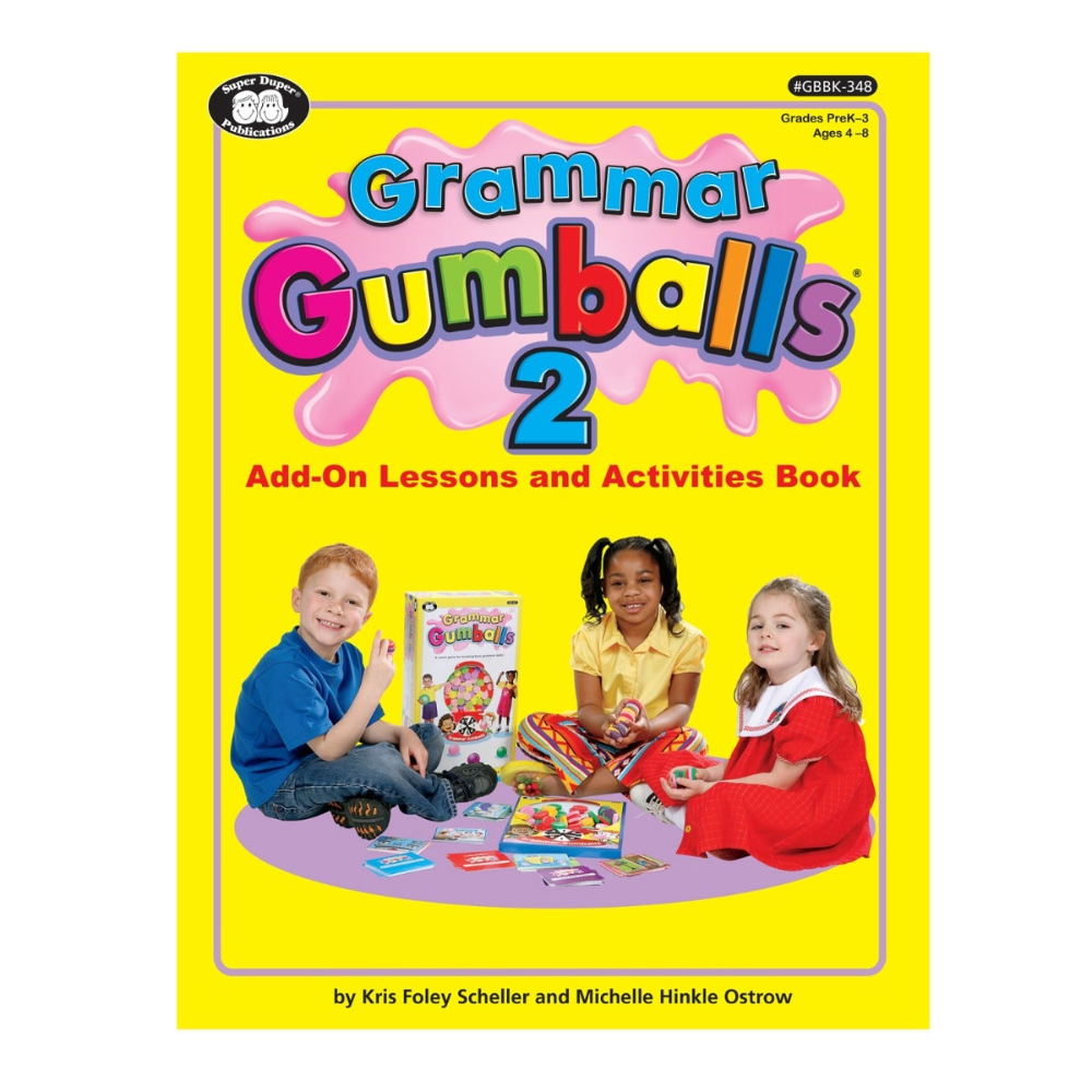 Book cover of 'Grammar Gumballs 2' with children playing with gumballs on a yellow background