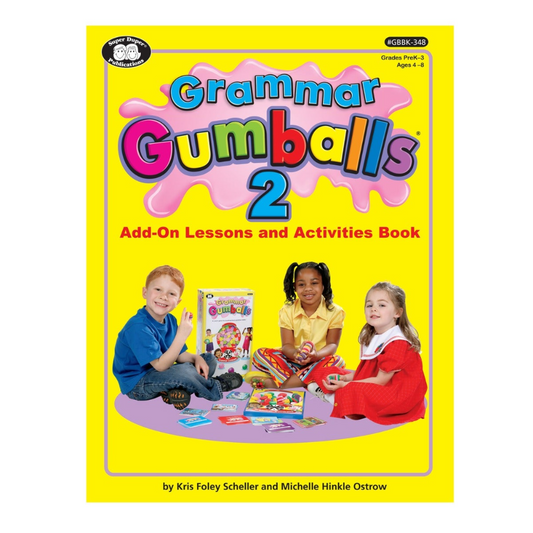 Book cover of 'Grammar Gumballs 2' with children playing with gumballs on a yellow background
