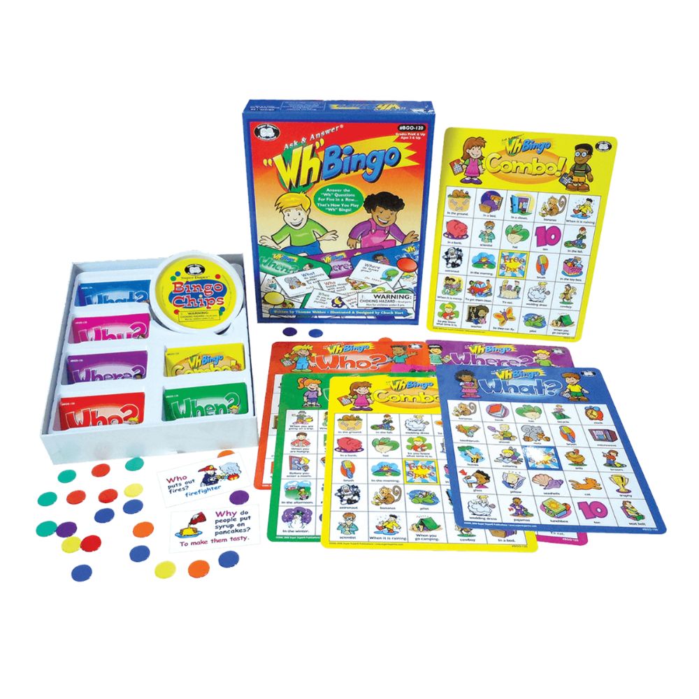 Ask & Answer Bingo Game, children's speech therapy tool to teach "Wh" questions and answers, Super Duper's Canadian retailer
