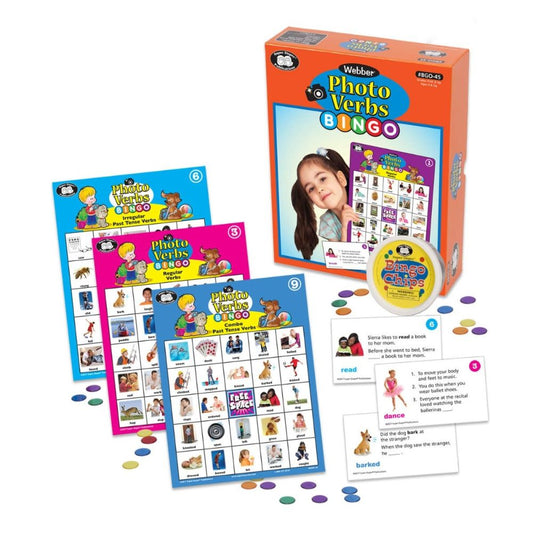 Photo Verbs Bingo set, a photo-based bingo game that helps children learn vocabulary and language skills, Canada
