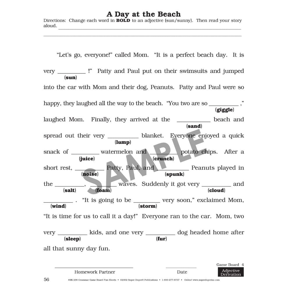 Say & Do® Grammar Game Boards Fun Sheets Book, A Day at the Beach activity
