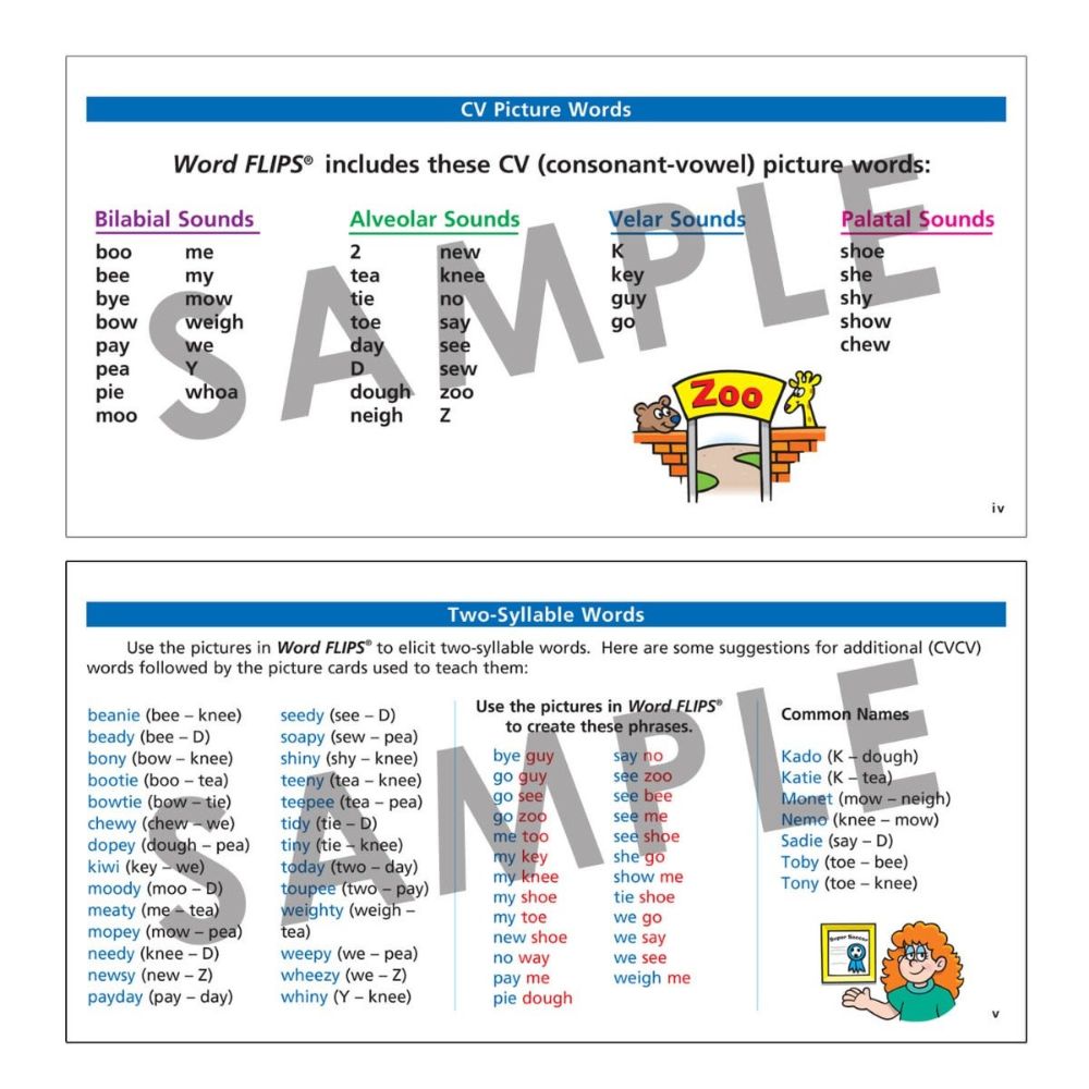 Word FLiPS for Learning Intelligible Production of Speech, speech production learning for preschoolers, CV picture words and two-syllable words