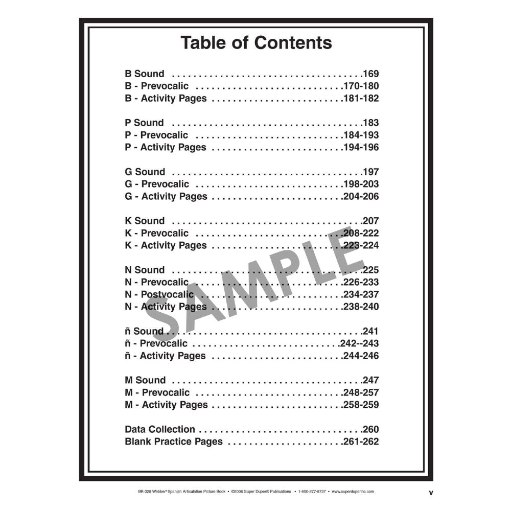 Webber® Spanish Articulation Picture Word Book, Table of Contents