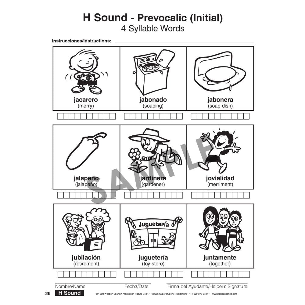 Webber® Spanish Articulation Picture Word Book, H Sound - Prevocalic (Initial)