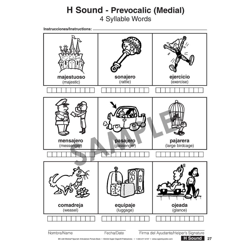 Webber® Spanish Articulation Picture Word Book, H Sound - Prevocalic (Medial)