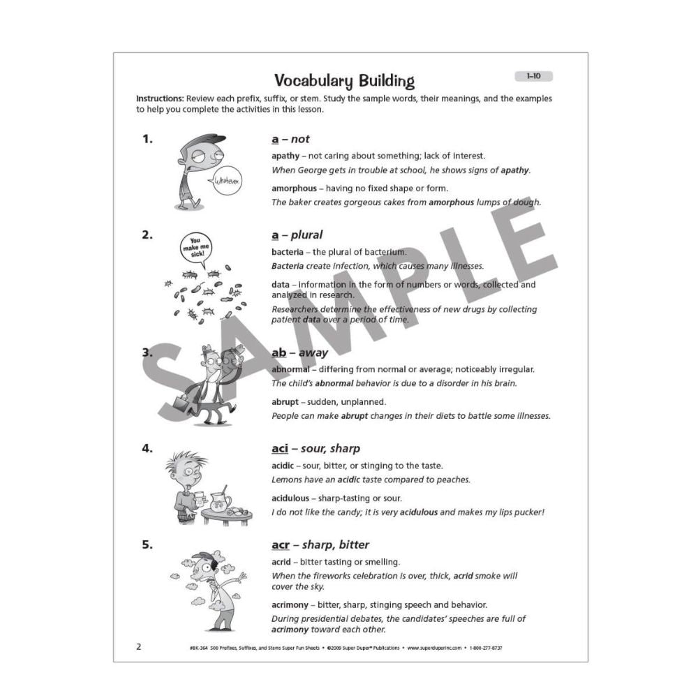 500 Prefixes, Suffixes, and Stems Super Fun Sheets vocabulary building worksheet sample 