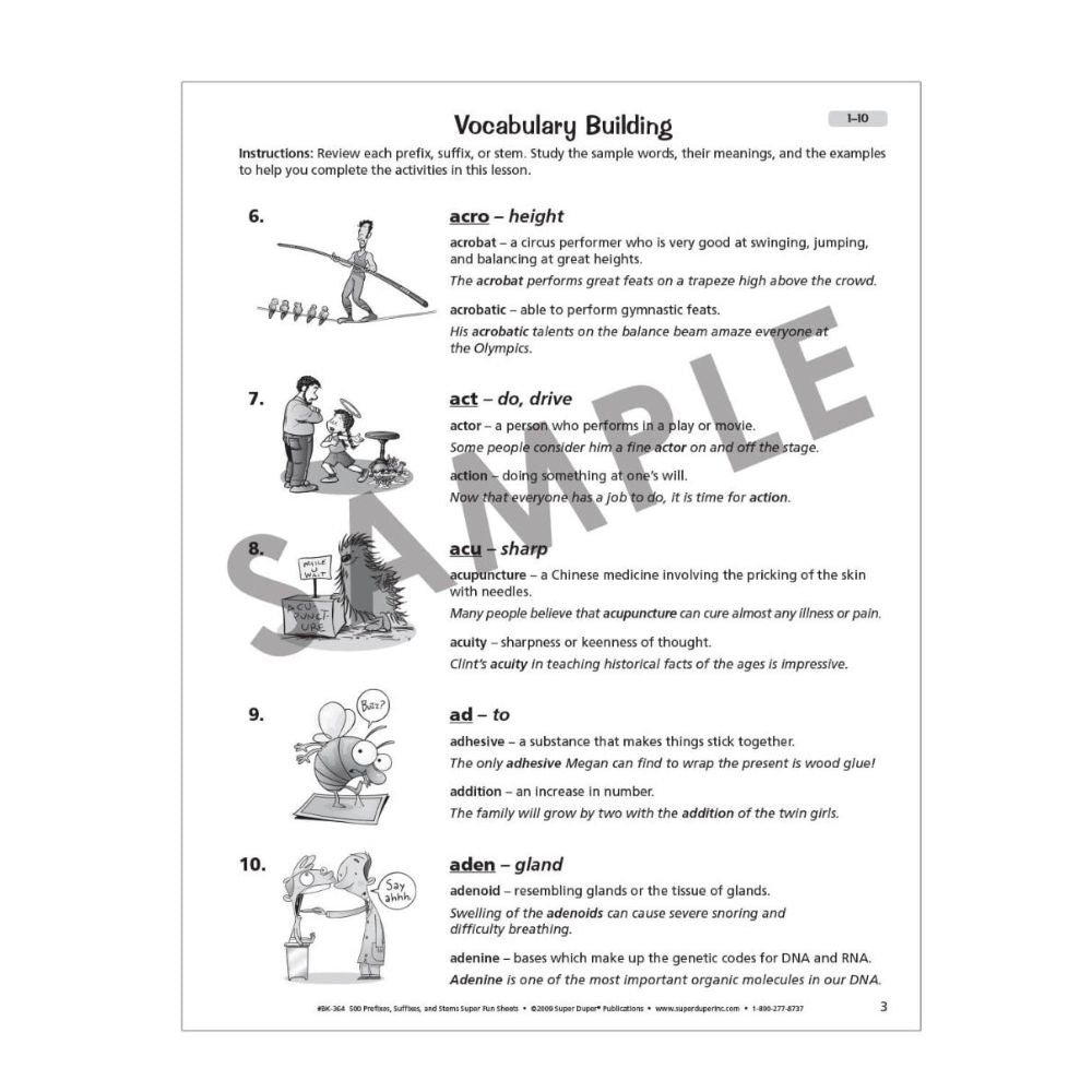 500 Prefixes, Suffixes, and Stems Super Fun Sheets vocabulary building worksheet sample 