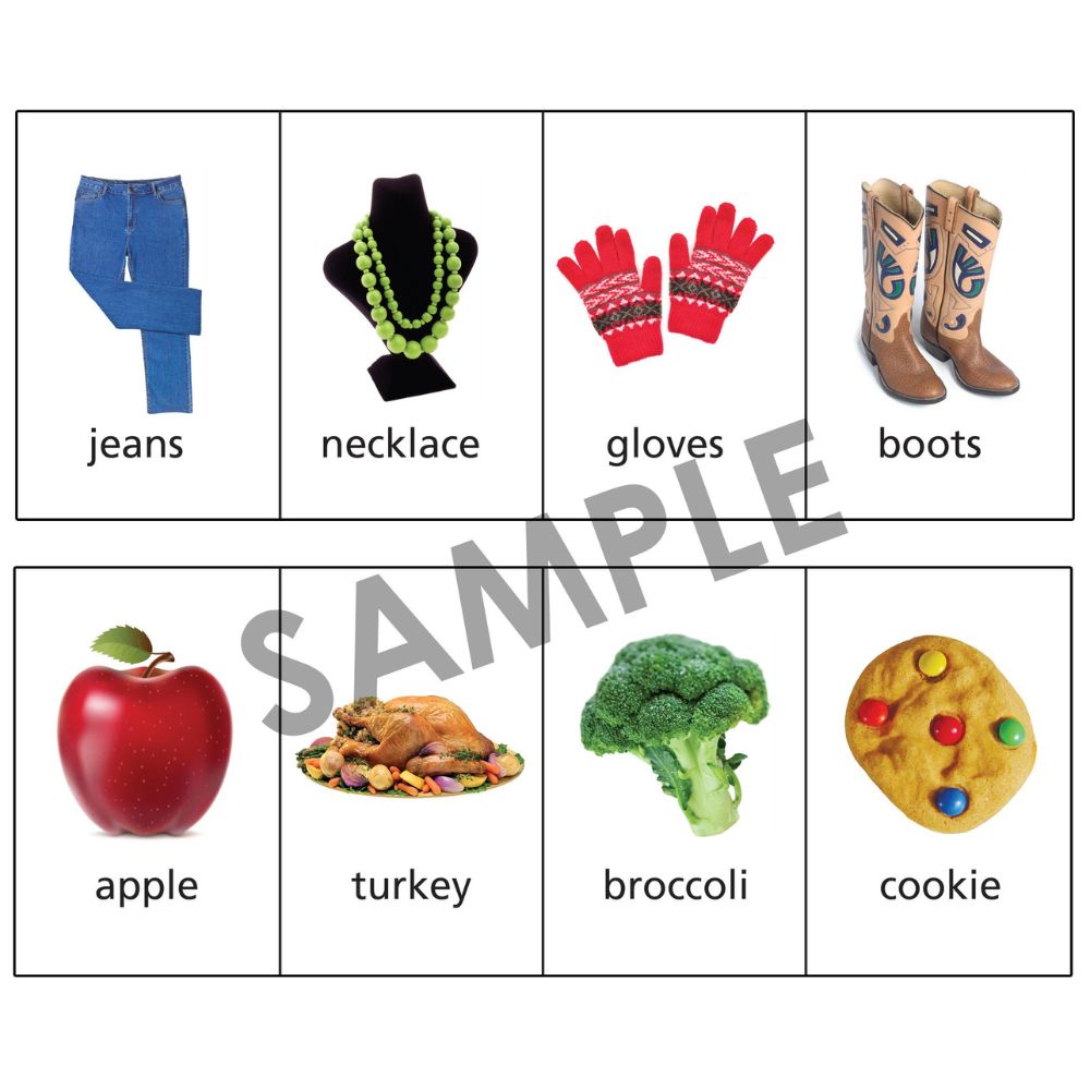 Photo Classifying FLiPS® , sample photo cards of jeans, necklace, gloves, boots, apple, turkey, broccoli, and cookie