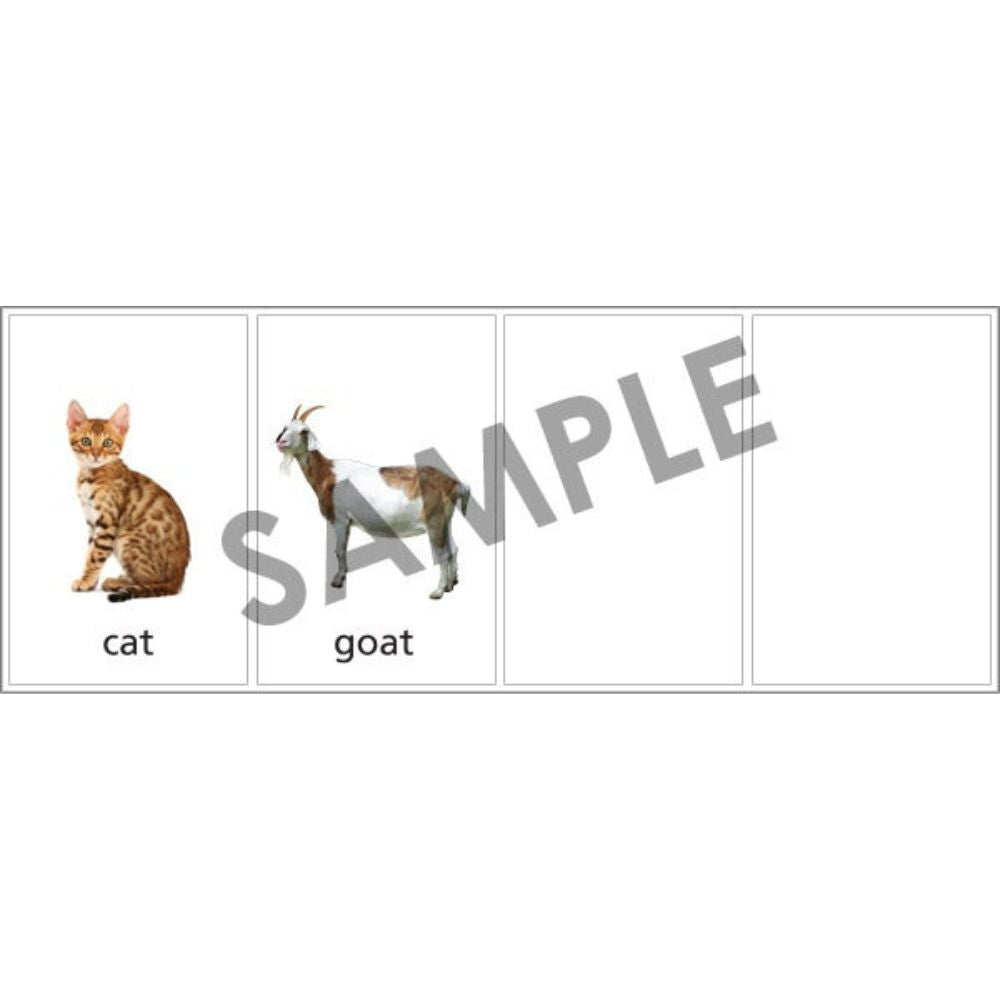 Photo Classifying FLiPS® , sample photo cards of a cat, goat, and two blank cards