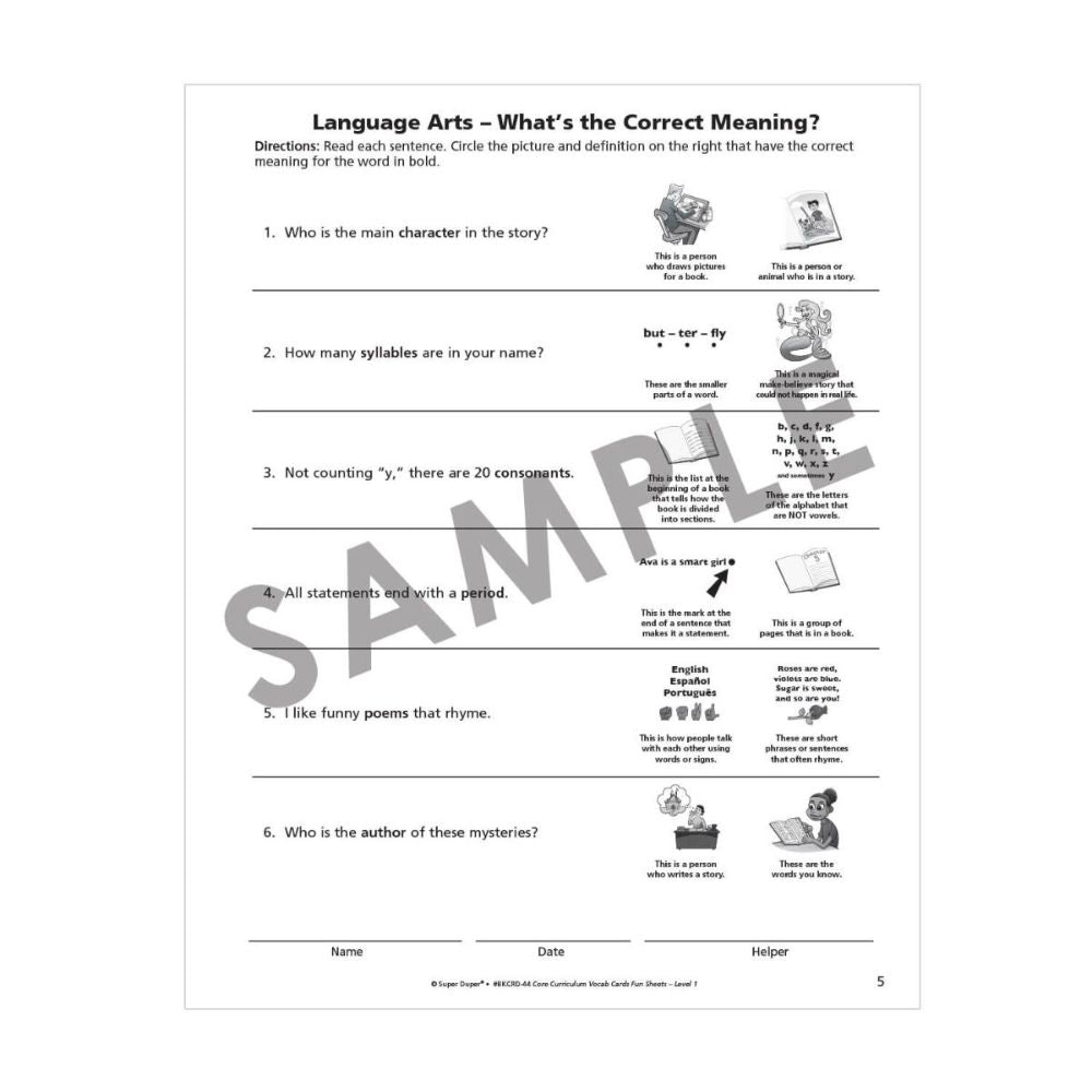 Webber® Core Curriculum Vocabulary Cards and Fun Sheets (Level 1)