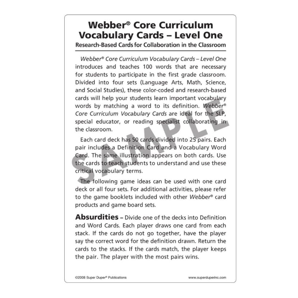 Webber® Core Curriculum Vocabulary Cards and Fun Sheets (Level 1)