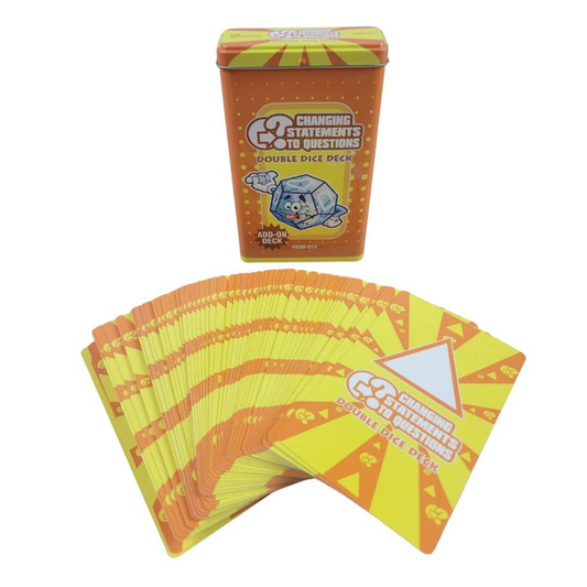 Changing Statements to Questions double dice deck shown with its orange tin packaging and a fan of yellow and orange cards on a white background.