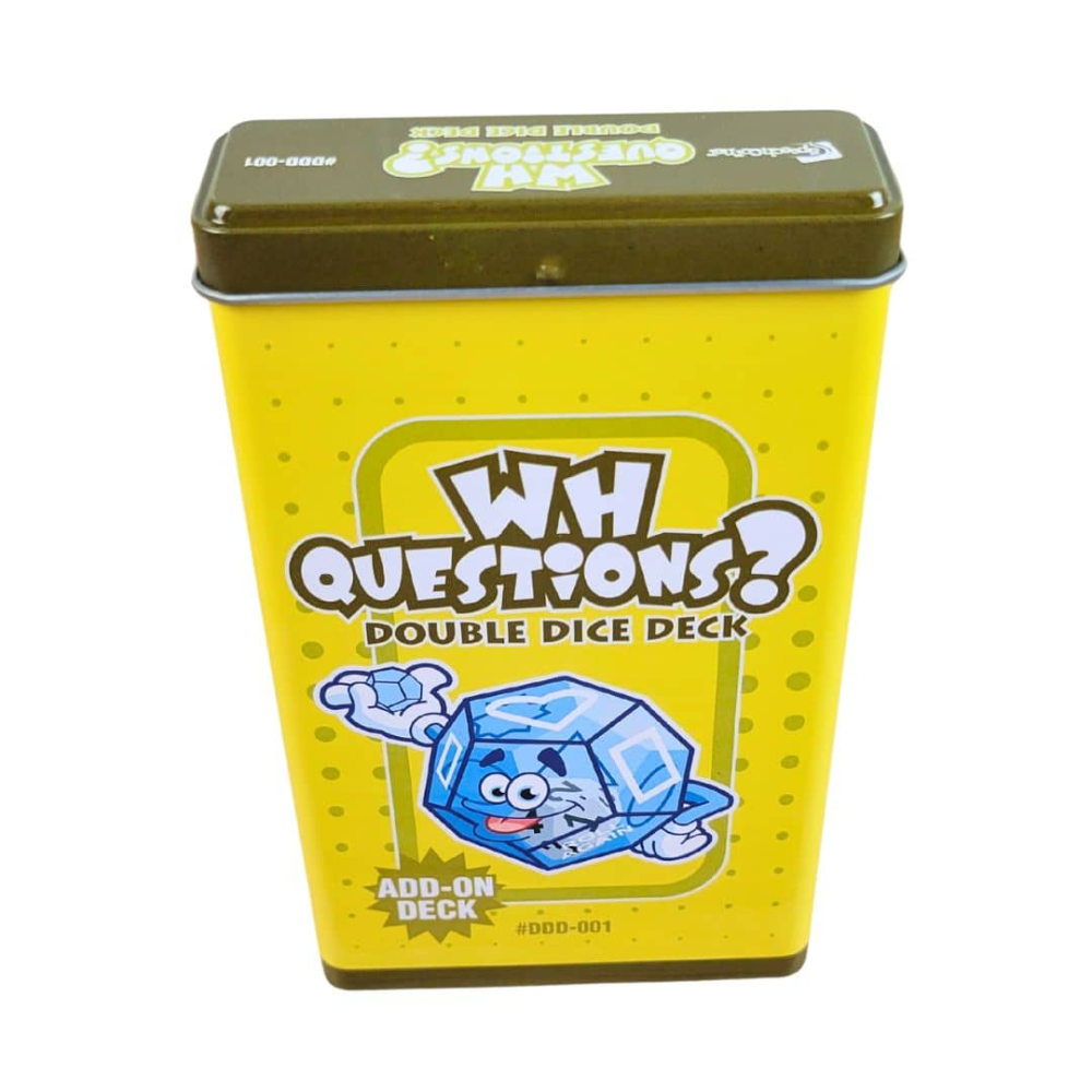 A yellow metal tin of 'Wh Questions? Double Dice Deck' featuring a cartoon blue ice cube character on the front, set against a plain white background.
