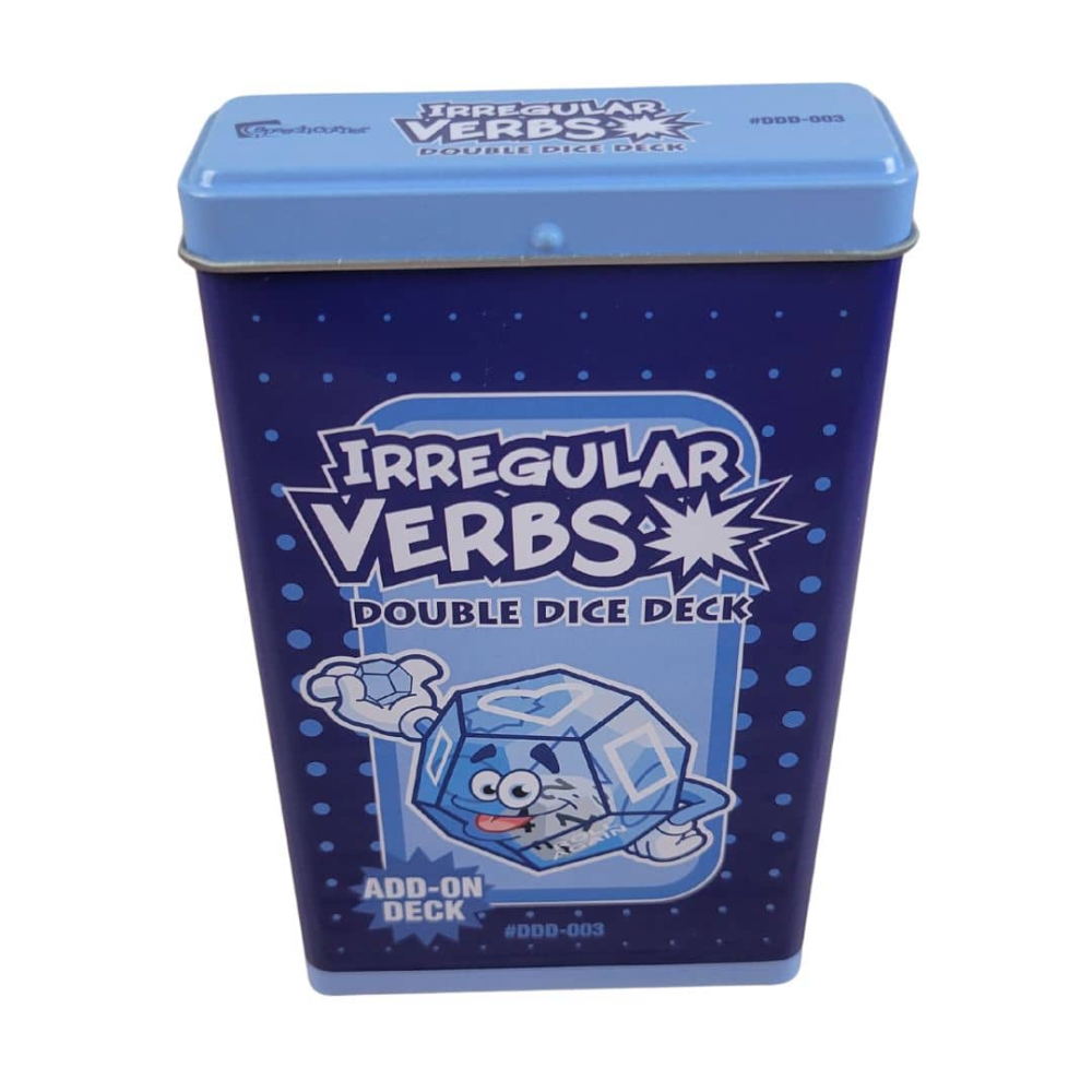 A blue metal tin of the Irregular Verbs Double Dice Deck, featuring a cartoon ice cube character on the front, set against a plain white background.