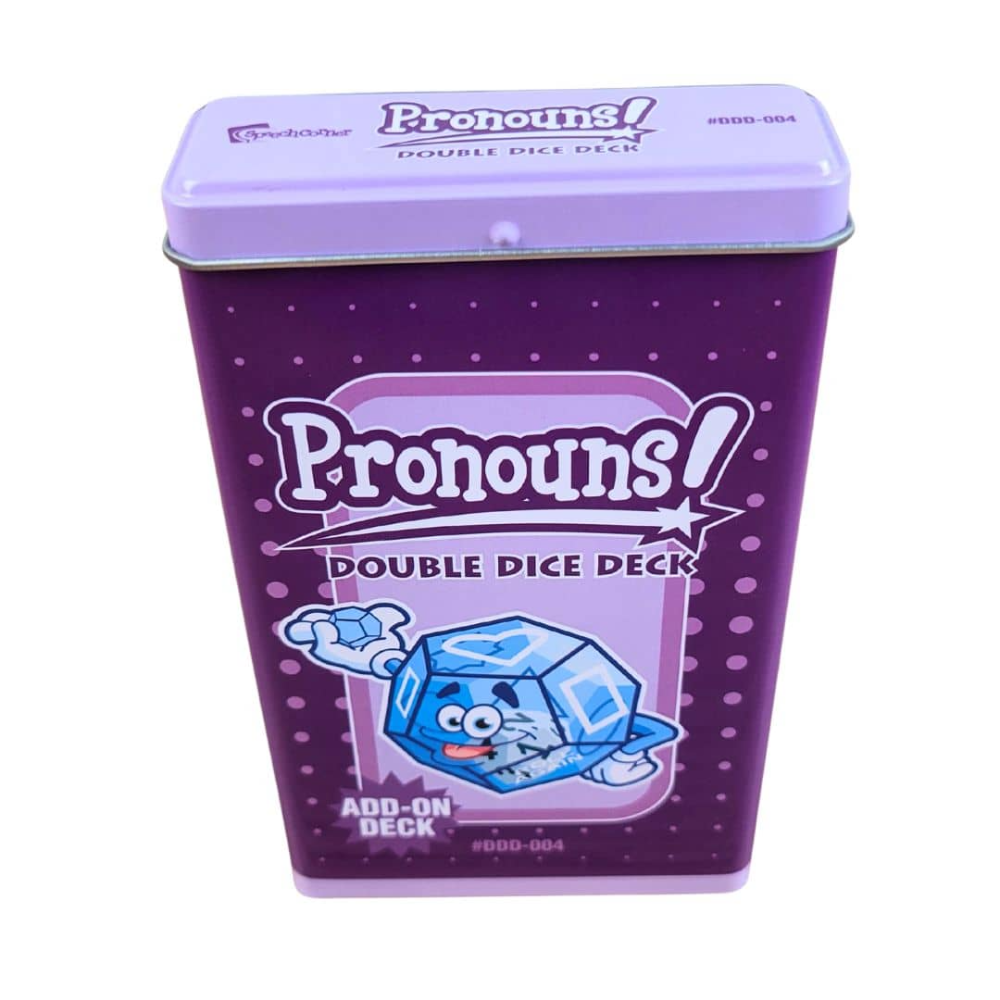 A purple metal tin of Pronouns! Double Dice Deck, featuring a cartoon blue ice cube character on the front, set against a plain white background.