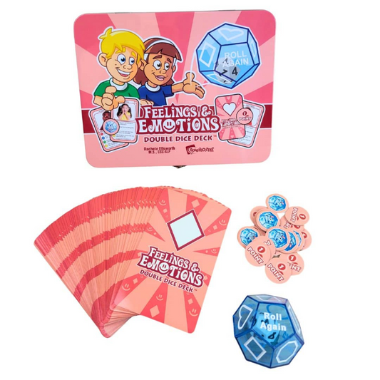 Feeling & Emotions Double Dice Deck board game set on a white background, showing the pink illustrated tin box, a fan of cards, several round emotion tokens, and blue polyhedral dice.
