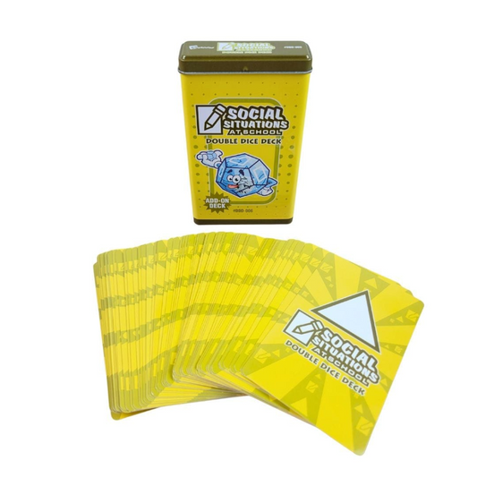 Social Situations at School double dice deck shown with a yellow tin container and a fanned-out stack of yellow cards on a white background.
