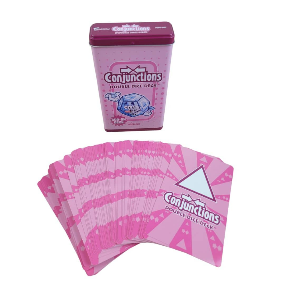 Conjunctions Double Dice Deck game set with a pink metal tin container and a fanned-out deck of pink playing cards on a white background.