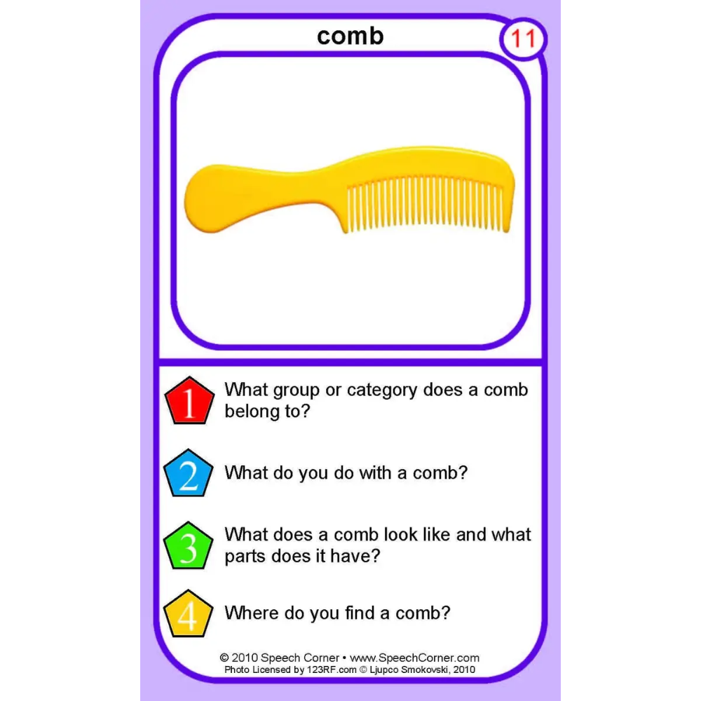 A purple-bordered educational card featuring a yellow comb illustration and printed questions about combs, including 'What group or category does a comb belong to?' and 'What do you do with a comb?'.