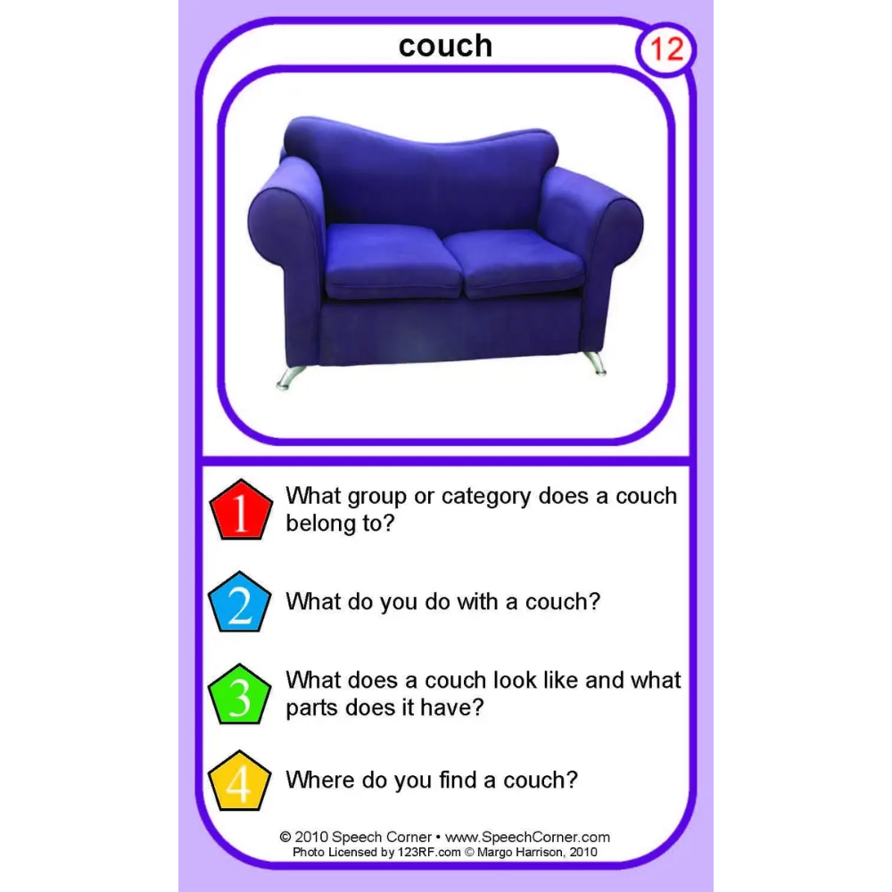 A purple-bordered educational card labeled 'couch' with a photo of a blue upholstered armchair and four printed question prompts below.
