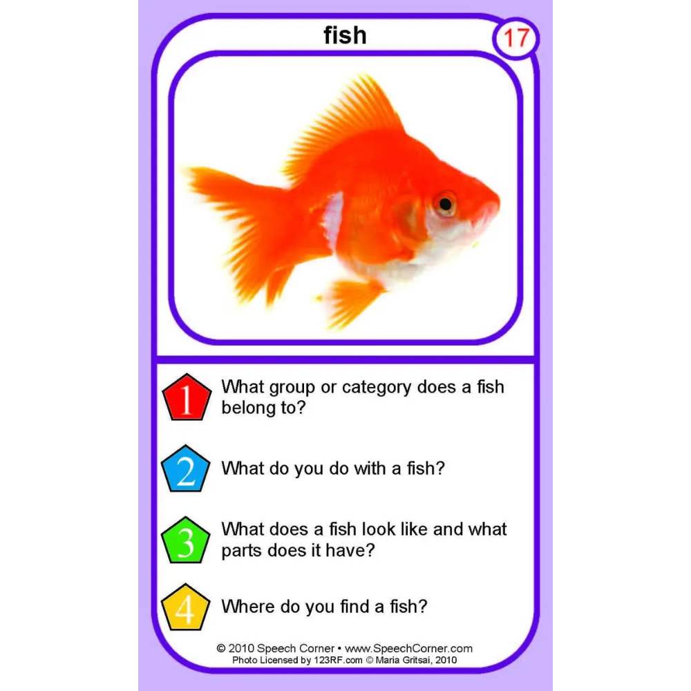 A purple-bordered educational card featuring a photo of an orange goldfish and four printed questions about fish, with numbered options in red, blue, green, and yellow.