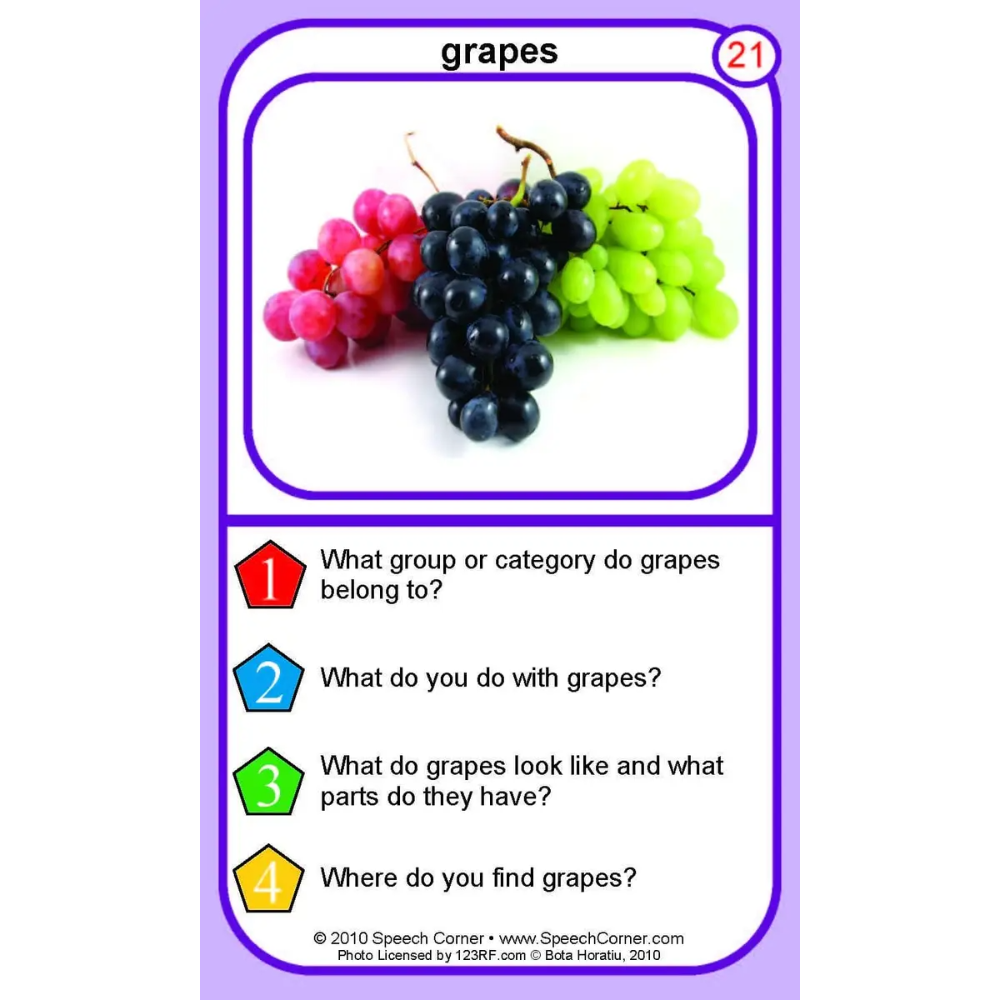 A speech therapy card about grapes, featuring a photo of red, purple, and green grapes at the top, and four questions about grapes below on a white card with a purple border.