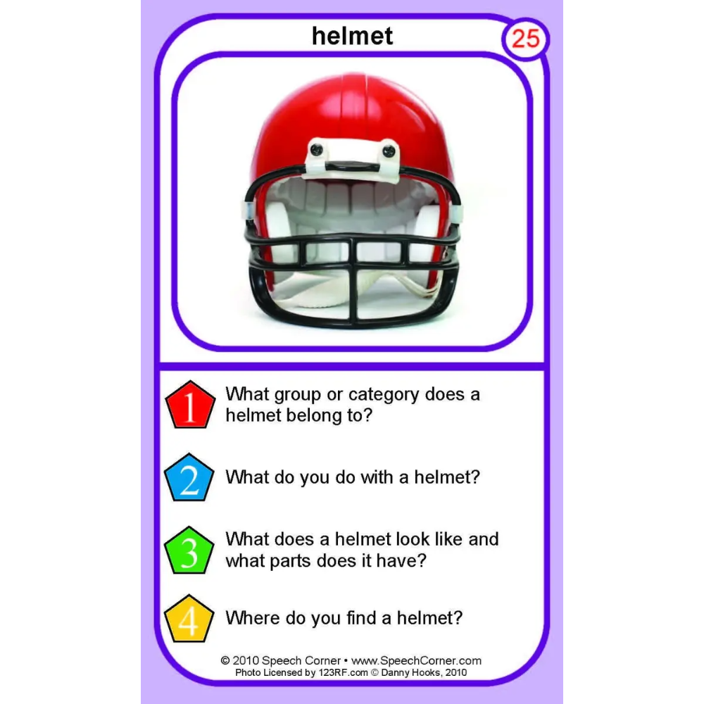 A speech therapy educational card titled 'helmet' with a purple border, featuring a photo of a red football helmet and four numbered questions about helmets.