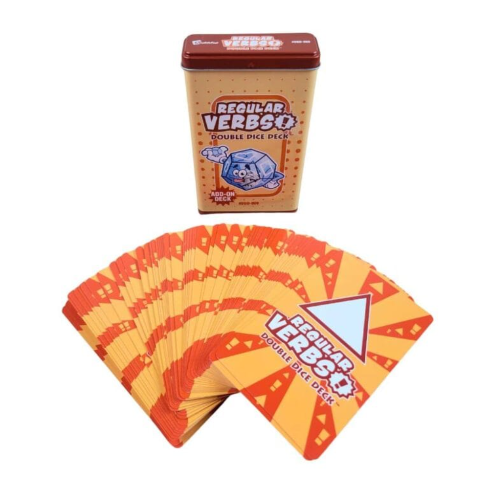 Regular Verbs Double Dice Deck Add-On shown with a tan tin box and a fanned-out set of orange and yellow cards on a white background.