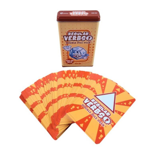 Regular Verbs Double Dice Deck Add-On shown with a tan tin box and a fanned-out set of orange and yellow cards on a white background.
