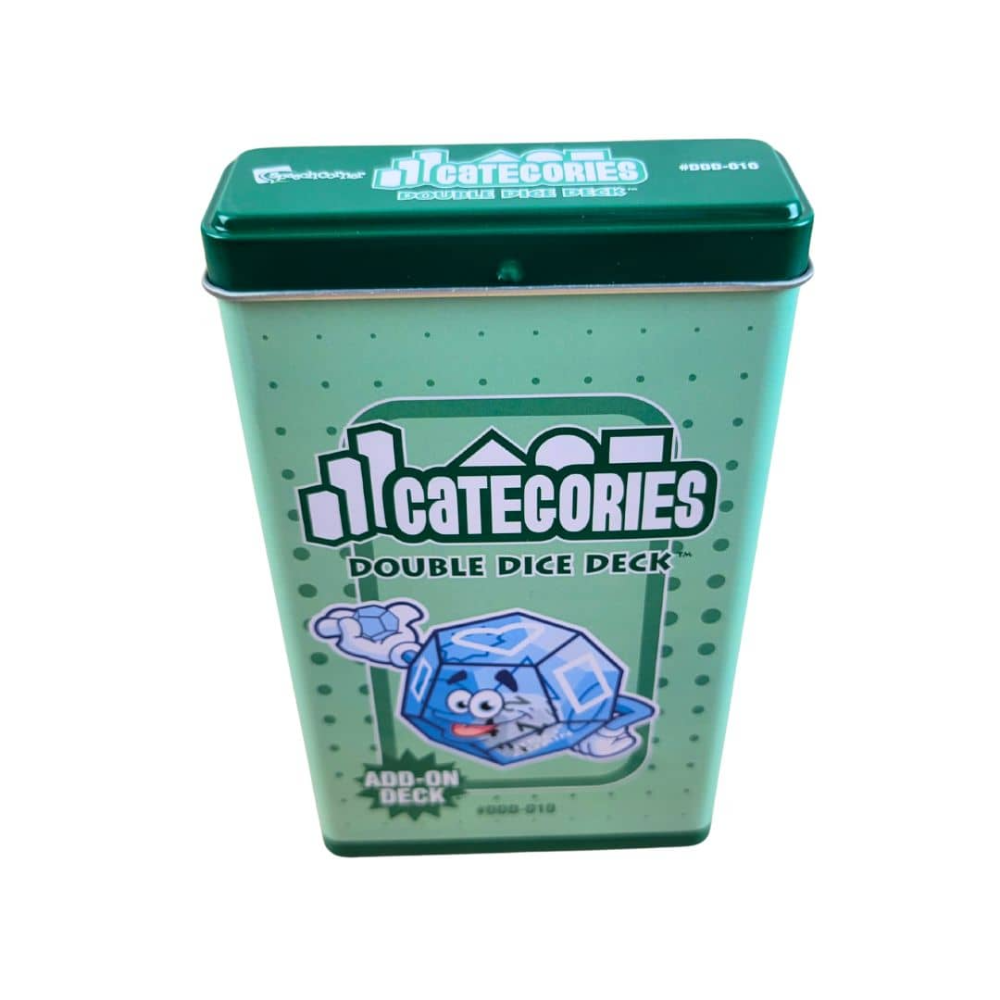 A mint green metal tin of the Categorieys Double Dice Deck, featuring a cartoon ice cube character on the front, set against a plain white background.