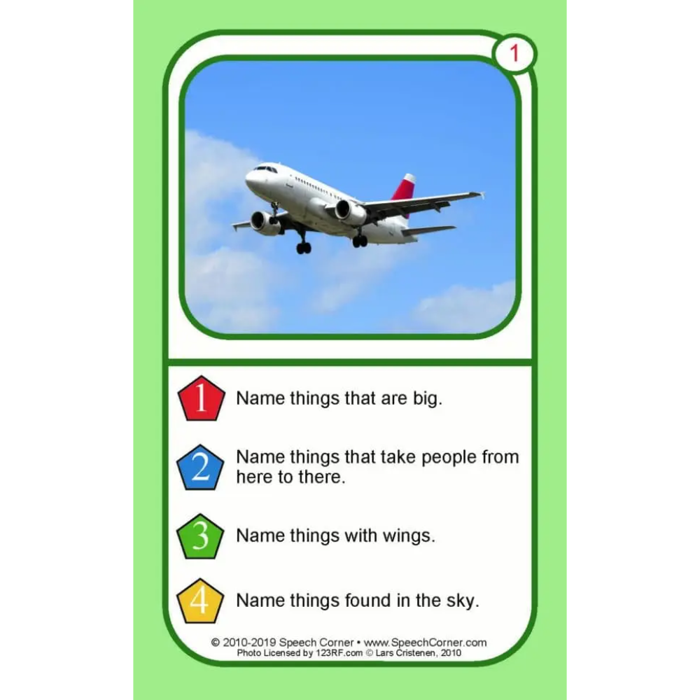 A speech therapy card featuring an airplane photo at the top and four numbered prompts about big, flying, winged, and sky-related things, set on a light green card with white text boxes.