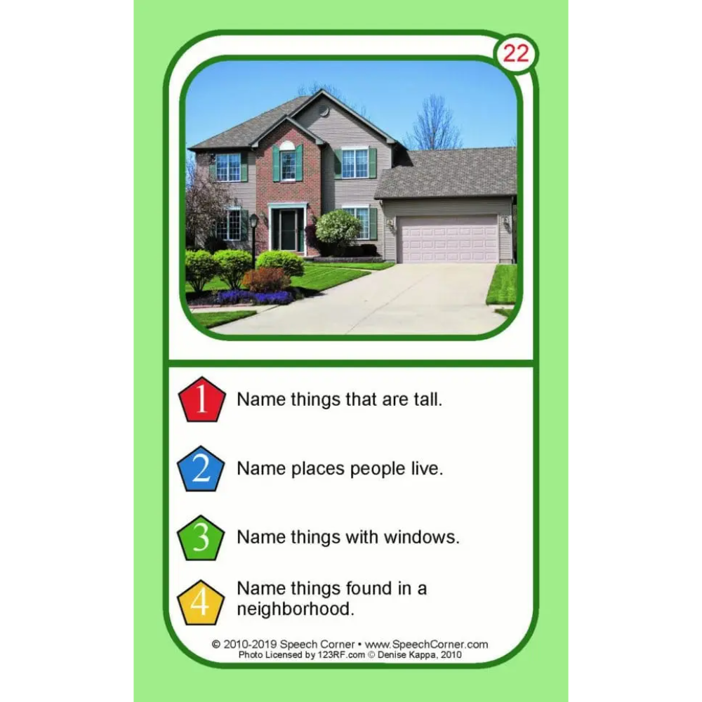 A speech therapy card featuring a picture of a suburban house in a green-bordered frame. The card has four numbered prompts with colored icons: 'Name things that are tall.