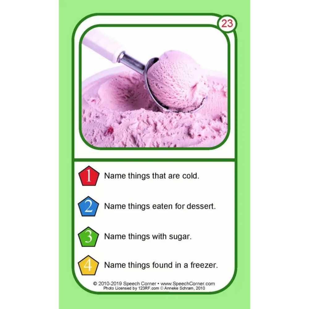 A speech therapy card featuring pink ice cream on a green background. The card has a white border with a photo of a pink ice cream scoop in pink ice cream at the top, and four numbered prompts below in red, blue, green, and yellow icons: 'Name things that are cold.