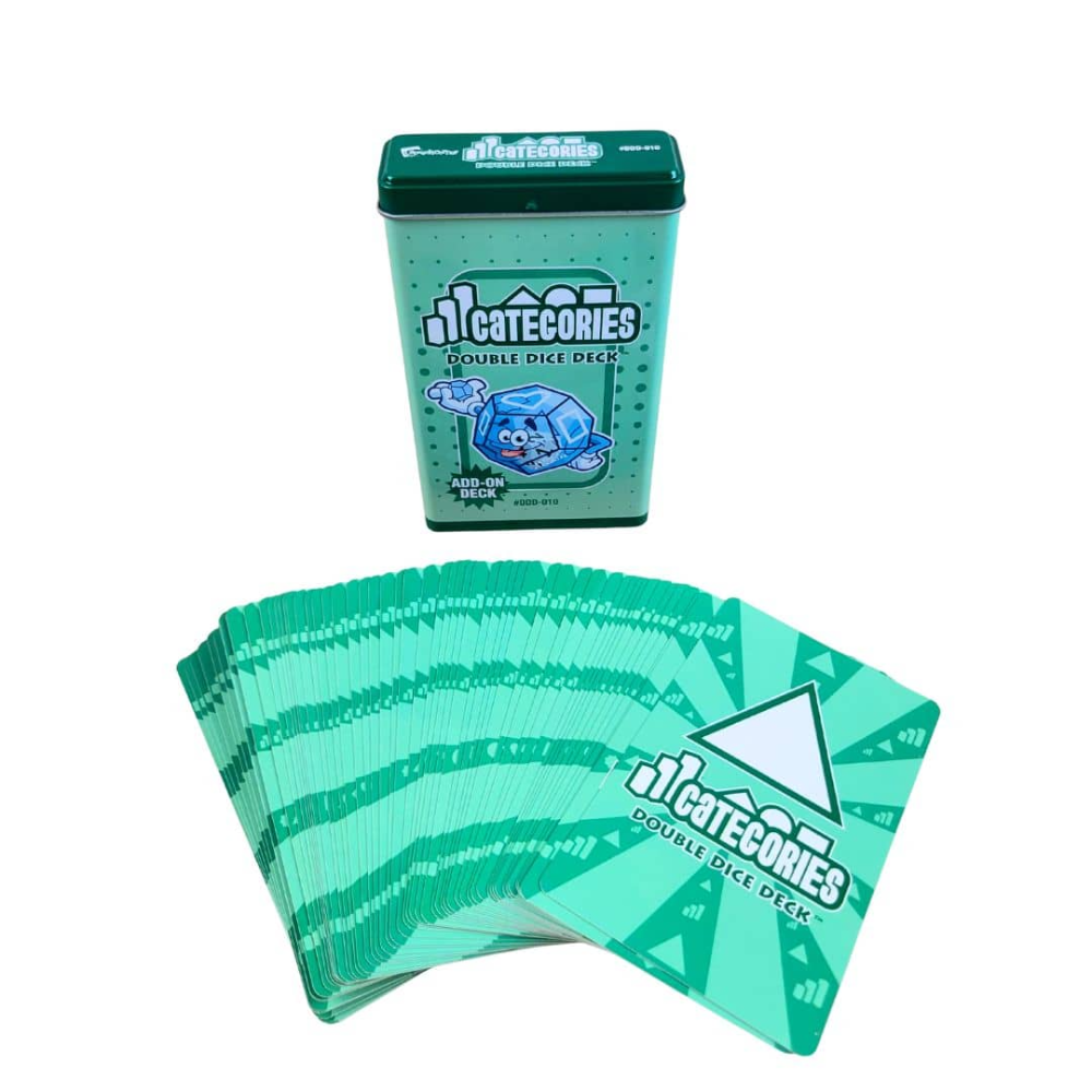 A tin of Categories Double Dice Discs with a fanned-out display of the green double dice cards in front, on a plain white background.