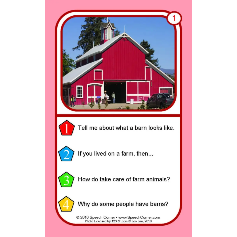 A speech therapy card featuring a red barn photo at the top and four numbered text prompts about farms and barns, set against a pink background.