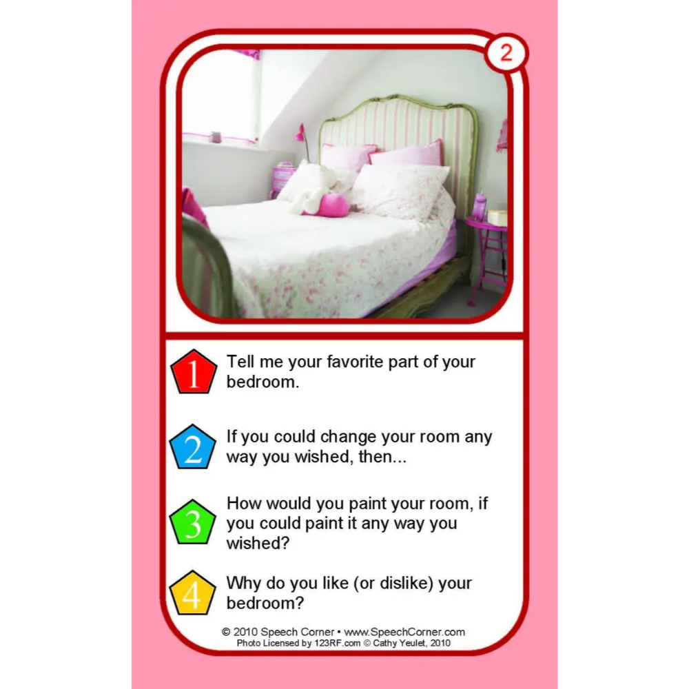 A pink and white card with a photo of a bed in a bedroom at the top and a series of written prompts below, including questions about the favorite part of a bedroom and ways to paint it. Small numbered icons appear next to each line of text.