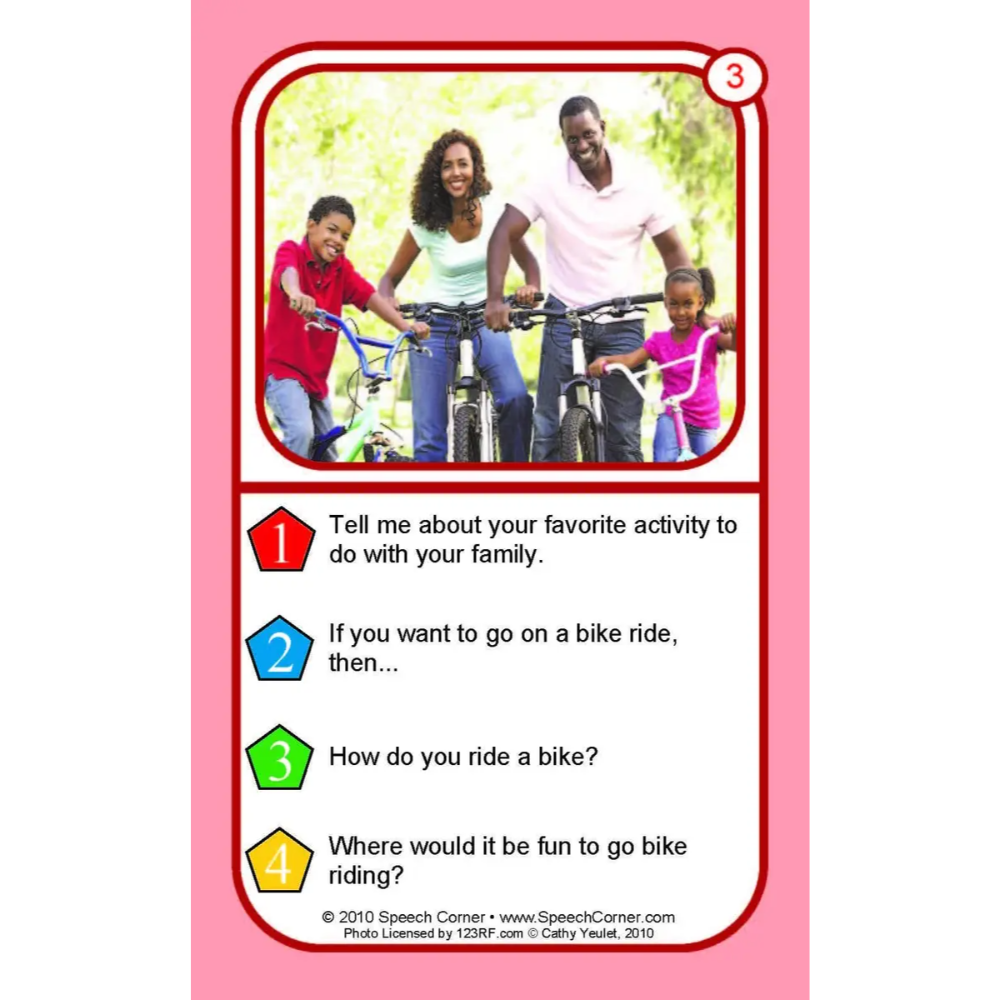 A speech therapy card featuring a family on bicycles, with text prompts about family bike riding activities on a pink background.
