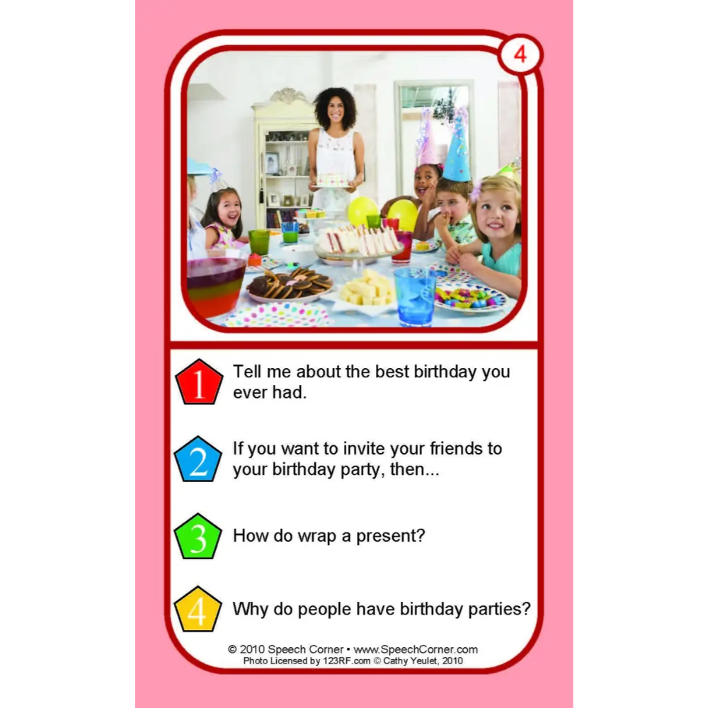 A printed educational card with a pink border and a central photo of children celebrating at a birthday party. Below the photo, four numbered questions are listed in black text on a white background.