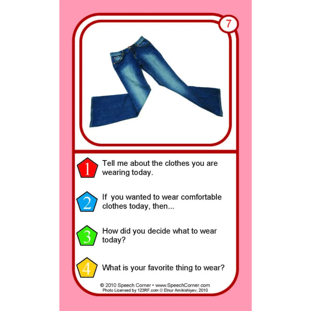 A speech therapy card featuring a picture of blue jeans at the top and four numbered questions about clothing choices and favorite items to wear, set against a pink background.