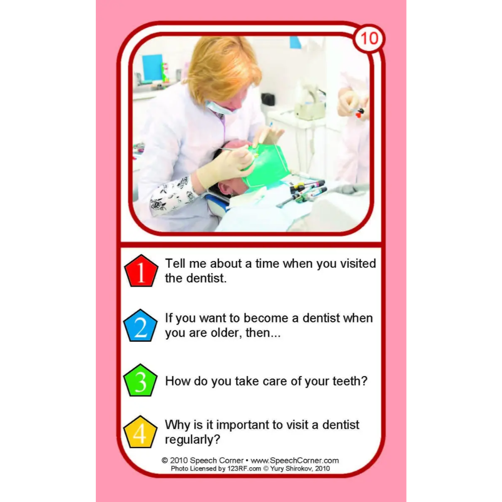A speech therapy card featuring a photo of a dentist in a white coat examining a patient's teeth, with four numbered questions about dental care printed below on a pink card with a red border.