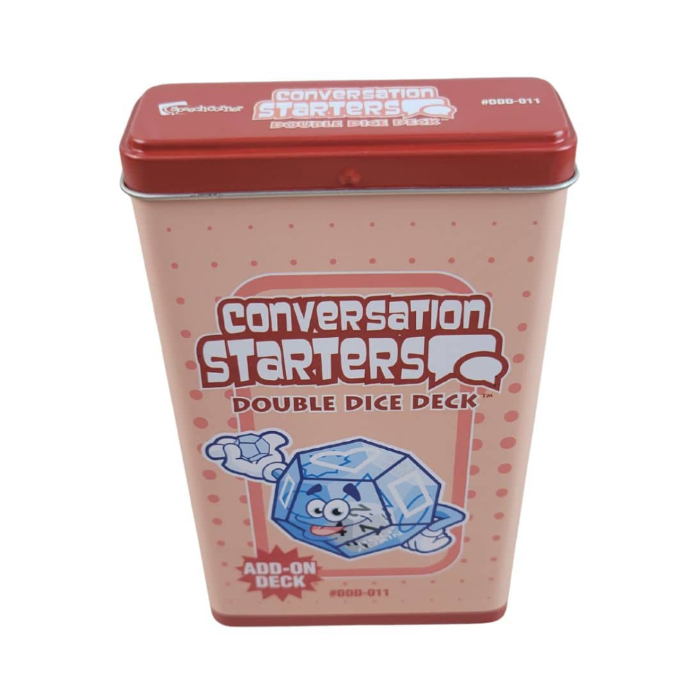 A pink metal tin package for the 'Conversation Starters Double Dice Deck' with a red lid and cartoon illustration of a blue ice cube character on the front, photographed on a white background.