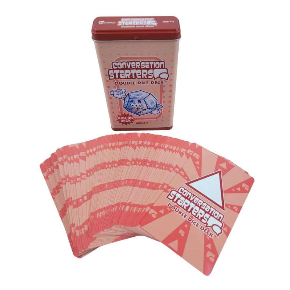 Conversation Starters Double Dice Deck in a pink metal tin with a fanned-out deck of cards showing pink and white striped dice faces on a white background.